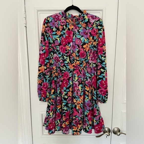 Shein Vibrant Floral Long Sleeve Ruffle Dress Black Pink Multicolored Curve 1X - Picture 3 of 9